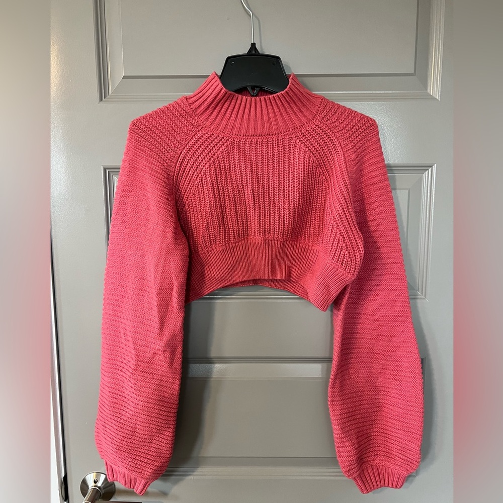 Cropped Mock Turtleneck Ribbed Knit Sweater with Ballon Sleeves Size Medium
